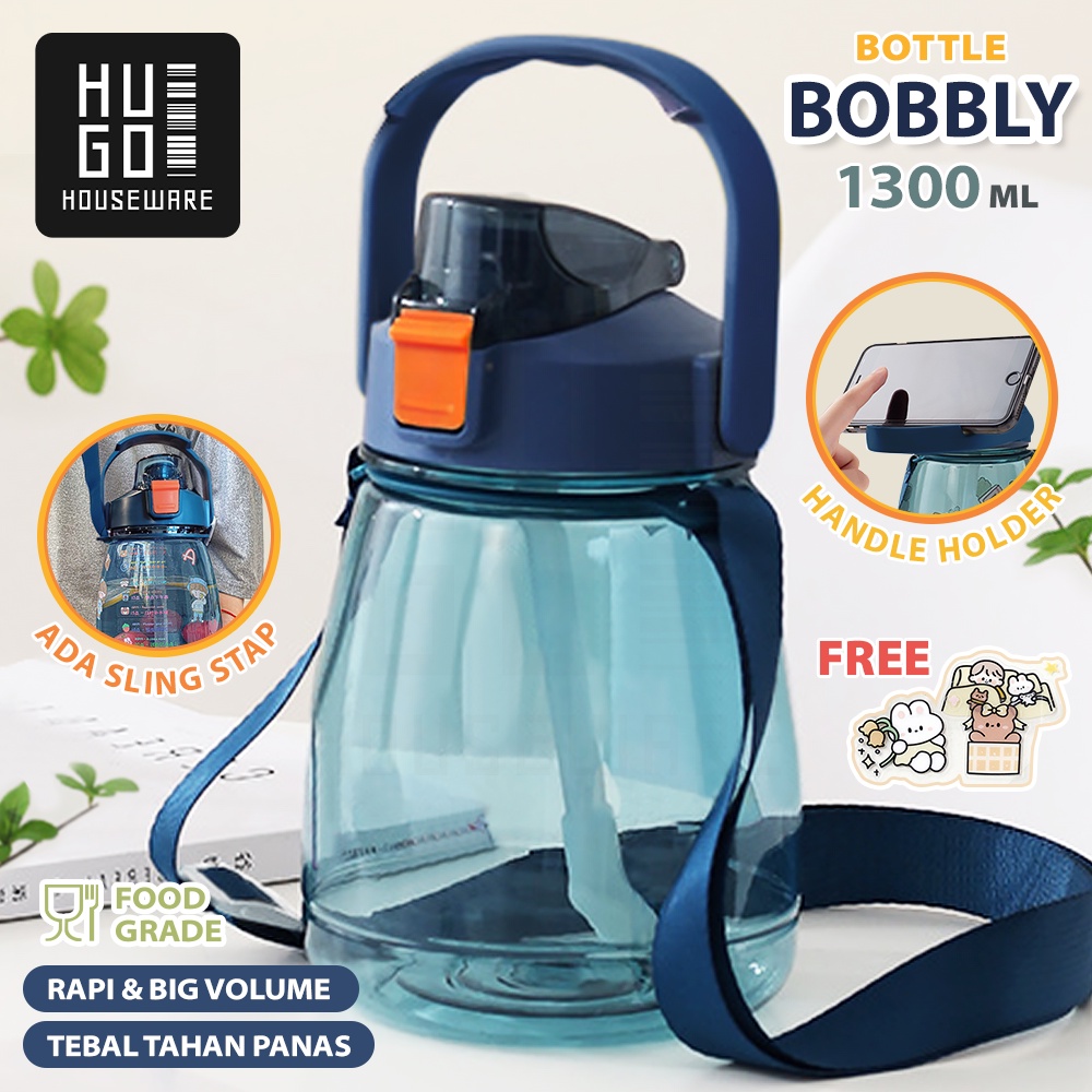 HUGO Botol Minum Anak Bening 1300 ml Botol Air Minum Sekolah Kantor Serbaguna dengan Sedotan dan Tali Strap