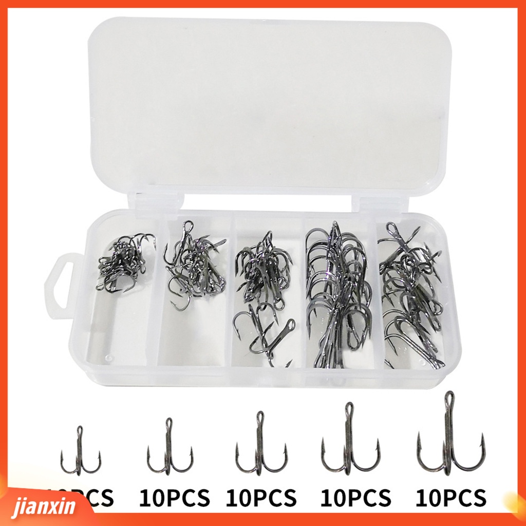 (In Stock) 50Pcs /Box Kait Tiga Ikan Kokoh Ringan Portabel Kait Treble Pancing Baja Karbon Tinggi Untuk Angling