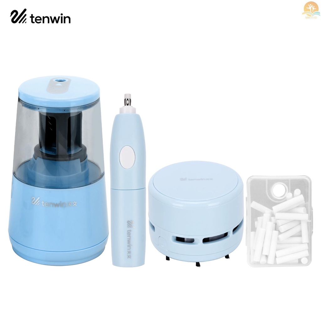 In Stock tenwin Electric Pencil Sharpener Eraser Vacuum Cleaner Set Alat Tulis Set Kabel Listrik/ Baterai Dioperasikan Dengan 50penghapus Isi Ulang Untuk Anak Dewasa Rumah Kantor Sekolah Kelas
