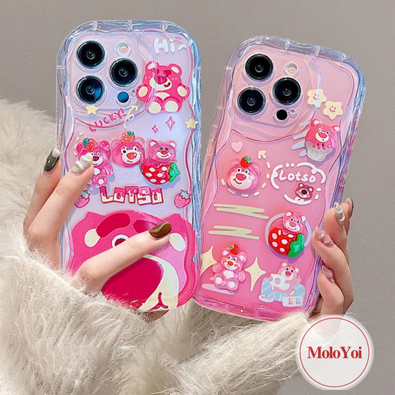 3D Wavy Curved Edge Glossy Soft Case Compatible for iPhone XR XS X Max 7Plus 11 12 14 13 Pro Max 7 6 8 6s Plus SE 2020 3D Cartoon Cute Doll Strawberry Bear Lotso Phone Cover