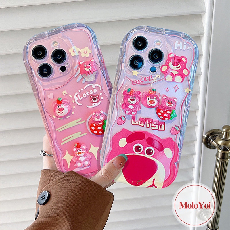 3D Wavy Curved Edge Glossy Soft Case Compatible for iPhone XR XS X Max 7Plus 11 12 14 13 Pro Max 7 6 8 6s Plus SE 2020 3D Cartoon Cute Doll Strawberry Bear Lotso Phone Cover