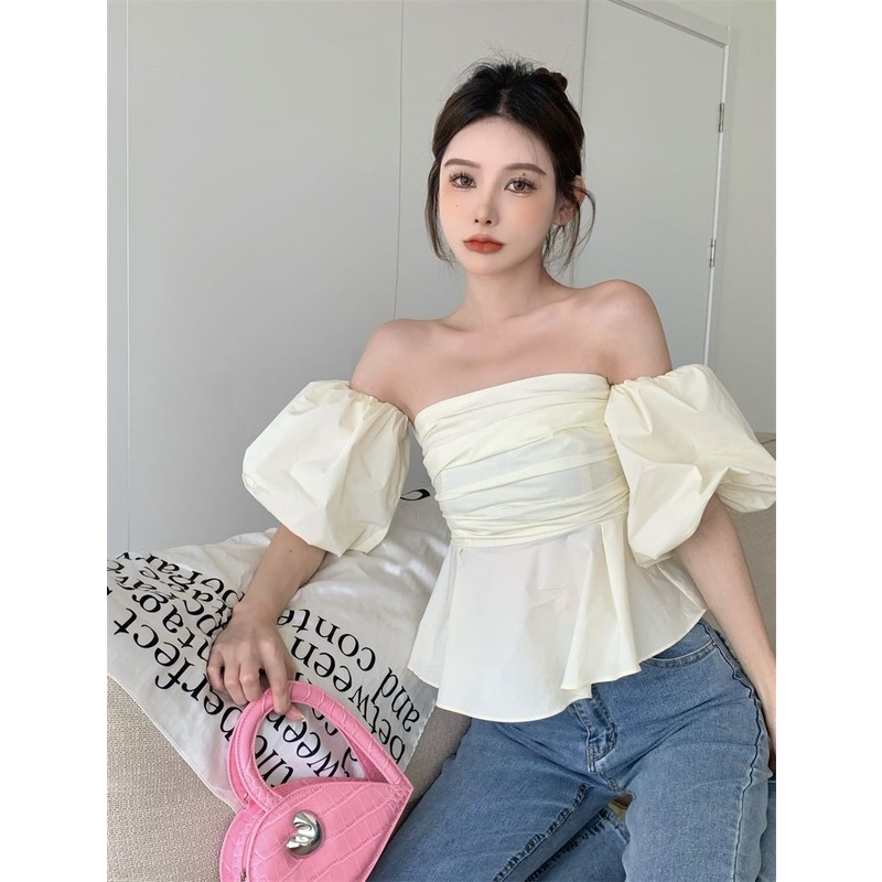 Blouse Wanita Off Shoulder Puff Lengan Pendek Polos Lipatan Crop Top