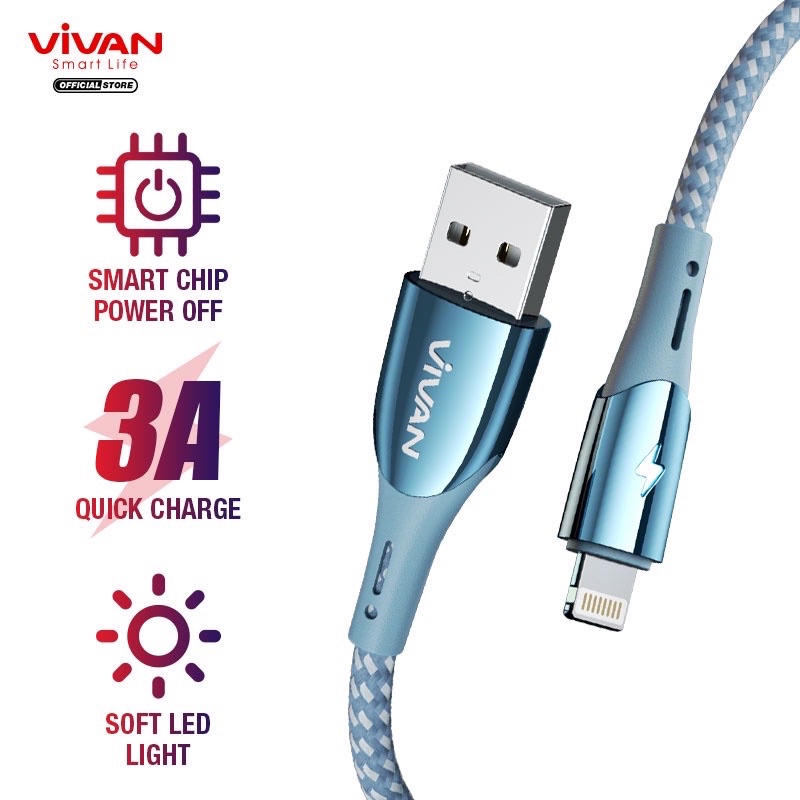 VIVAN Kabel Data VZL100S BLUE Data Cable IPHONE 1M Quick Charge 2,4A Smart Chip Automatic Power-Off QC3.0  Garansi Original Resmi