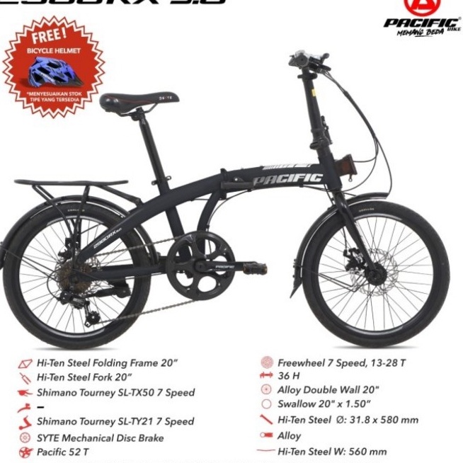 Sepeda Lipat 20 Inc Pacific 7Speed Shimano Rem Cakram Bonus HELM