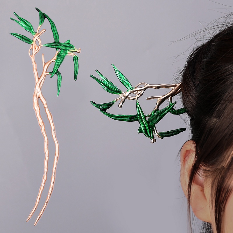 Alloy Gadis Bambu Rambut Stik Rambut Pin Pernikahan Trendi Daun Bambu Gaya Cina Bamboo leaves Elegan Hair Clip Hadiah Ponytail Holder Wanita Hiasan Kepala