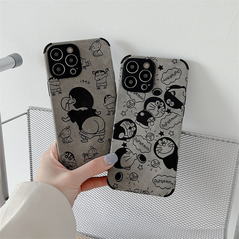 IPHONE Doraemon Jingle Kartun Kucing Lambskin Leather Case Kompatibel Untuk Iphone11 12 13 14 Pro Max XR X XS 7 8 Plus Suede Lembut Shockproof Phone Case Cover