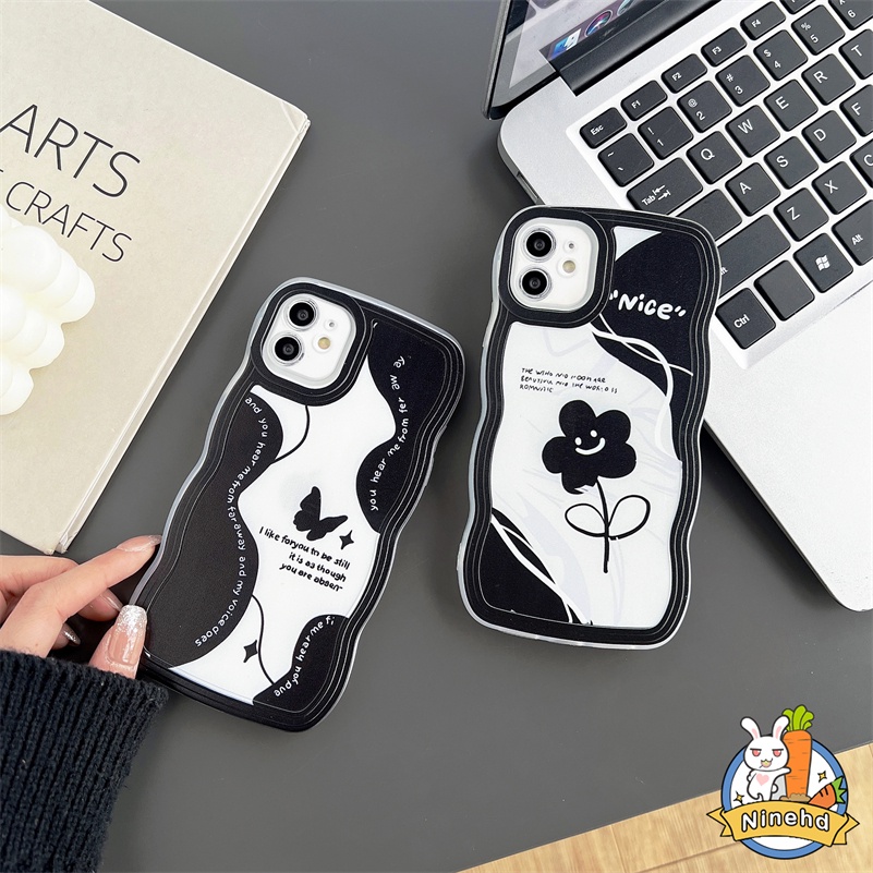 IPHONE Fashion Retro Fantasi Hitam Kupu-Kupu Bergelombang Tepi Casing Ponsel Kompatibel Untuk Iphone14 13 12 11 Pro Max X Xr Xs Max8 7 6 6s Plus SE Kamera Penuh Pelindung Shockproof Case Back Cover