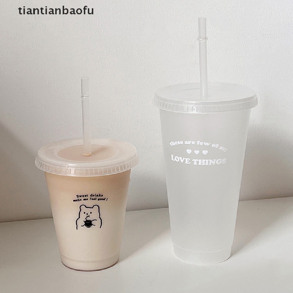 [tiantianbaofu] Botol Air Minum Jus Kopi Susu Teh Kawaii Gelas Dingin Plastik Dengan Tutup Sedotan Butik