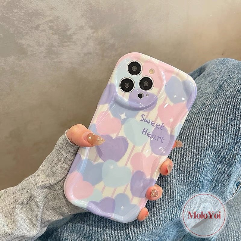 IPHONE Ins Lukisan Cat Minyak Cinta Hati Casing Kompatibel Untuk Iphone11 13 12 14 Pro Max XR 7plus 6s 6 7 8 Plus X XS Max SE 2020 Tpu Lembut Shockproof Airbag Glossy 3D Wavy Curved Edge Case