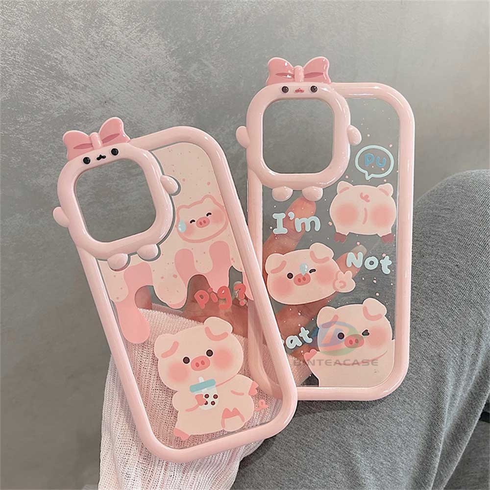 Oppo A17 A57 2022 A15 A16 A16K A54 A53 A12 A5S A7 A3S A11k A31 A52 A92 A94 A93 A37 F9 A1K Reno 5 A76 A96 A36 Kartun Lucu Babi Monster Kecil Frame Lensa Phone Case Binteacase