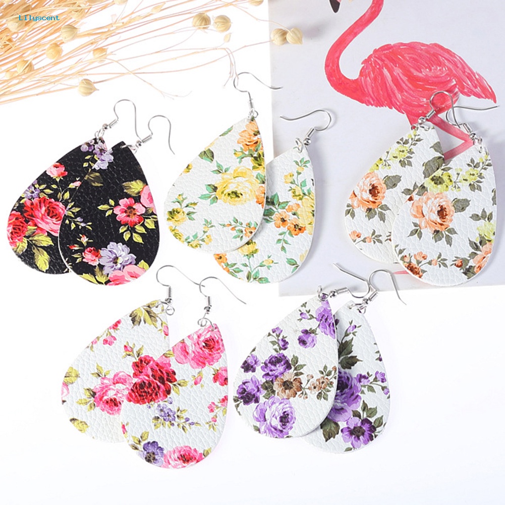 Lilyscent Boho Wanita Motif Bunga Teardrop Menjuntai Faux Kulit Kait Anting Perhiasan