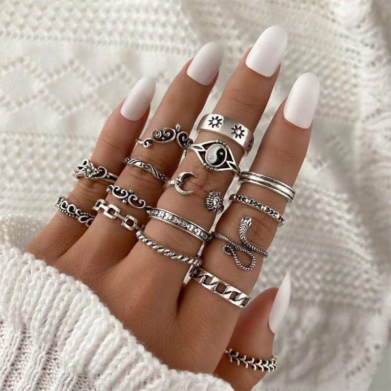 [Unggulan] Geometris Berlubang-out Wanita Set circlet Retro 16-piece ring Set Jari Cincin Kepribadian Retro Trend Hoop Set Knuckle Stacking Rings Untuk Wanita