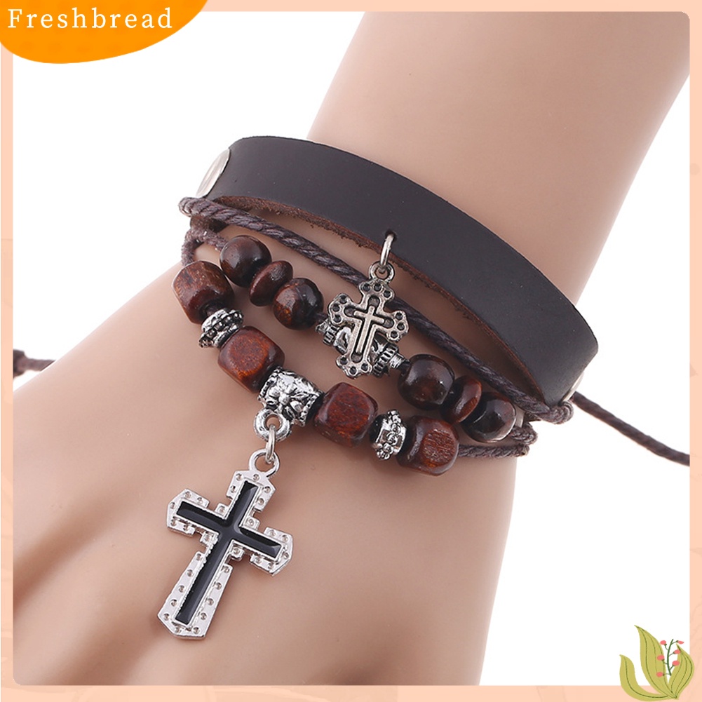 &lt; Freshbread &gt; Vintage The Cross Pendant Multilayer Beads Kulit Imitasi Kepang Gelang Bangle