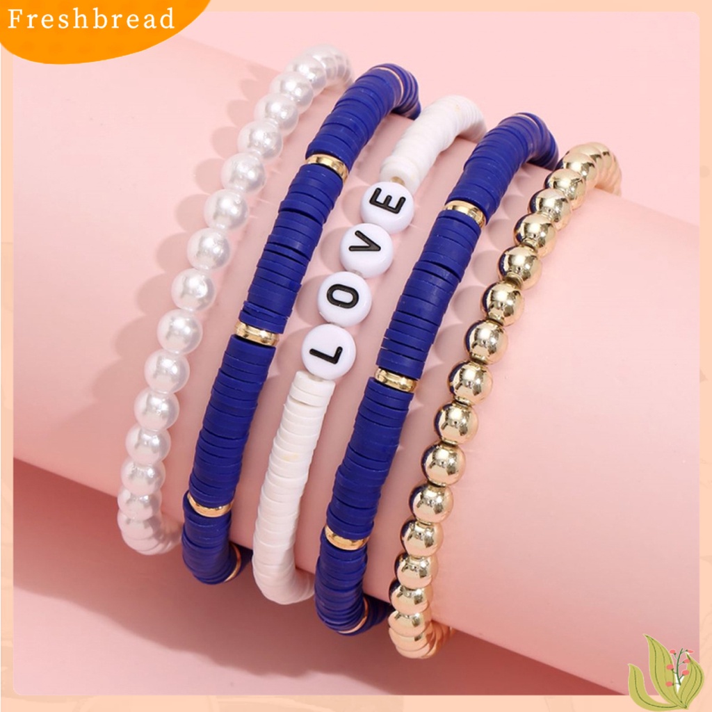 &lt; Freshbread &gt; 5Pcs Gelang Unisex Warna-Warni Bohemian Polymer Clay Love Huruf Mutiara Imitasi Gelang Untuk Pesta