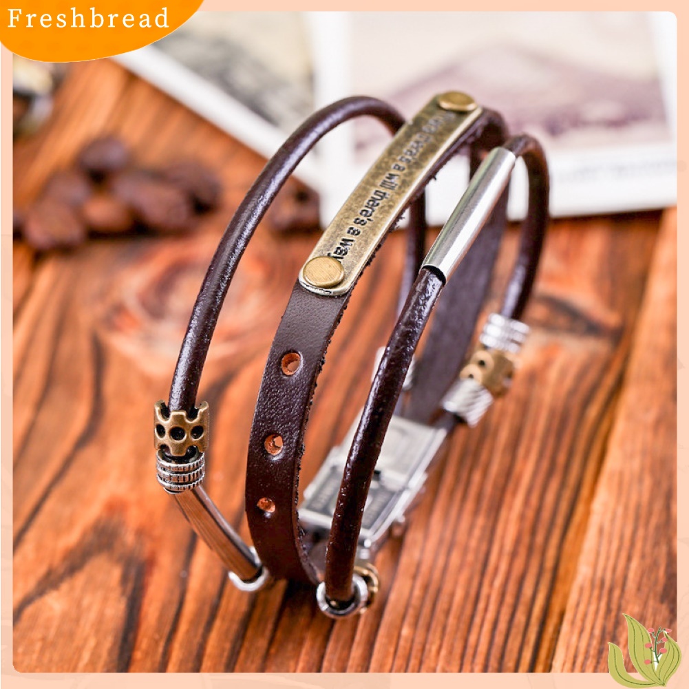 &lt; Freshbread &gt; Vintage Unisex Faux Leather Multilayer Motto Ukiran Gelang Tangan Perhiasan