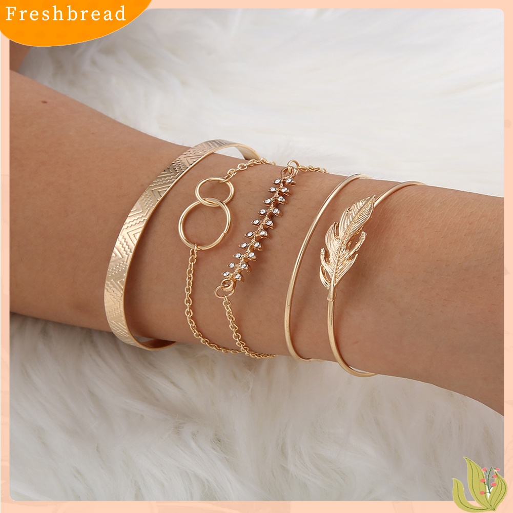 &lt; Freshbread &gt; 5Pcs/Set Wanita Fashion Daun Berlian Imitasi Bertatahkan Gelang Terbuka Gelang Perhiasan