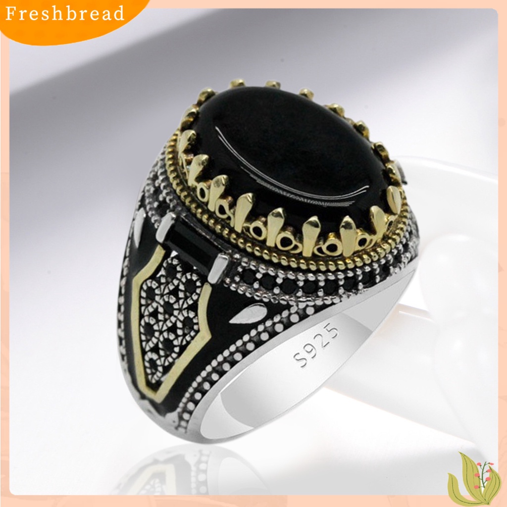&lt; Freshbread &gt; Pria Cincin Vintage Punk Logam Ukiran Pola Kuno Two Tone Dekoratif Hadiah Batu Akik Imitasi Bertatahkan Laki-Laki Pesta Cincin Perhiasan Pernikahan