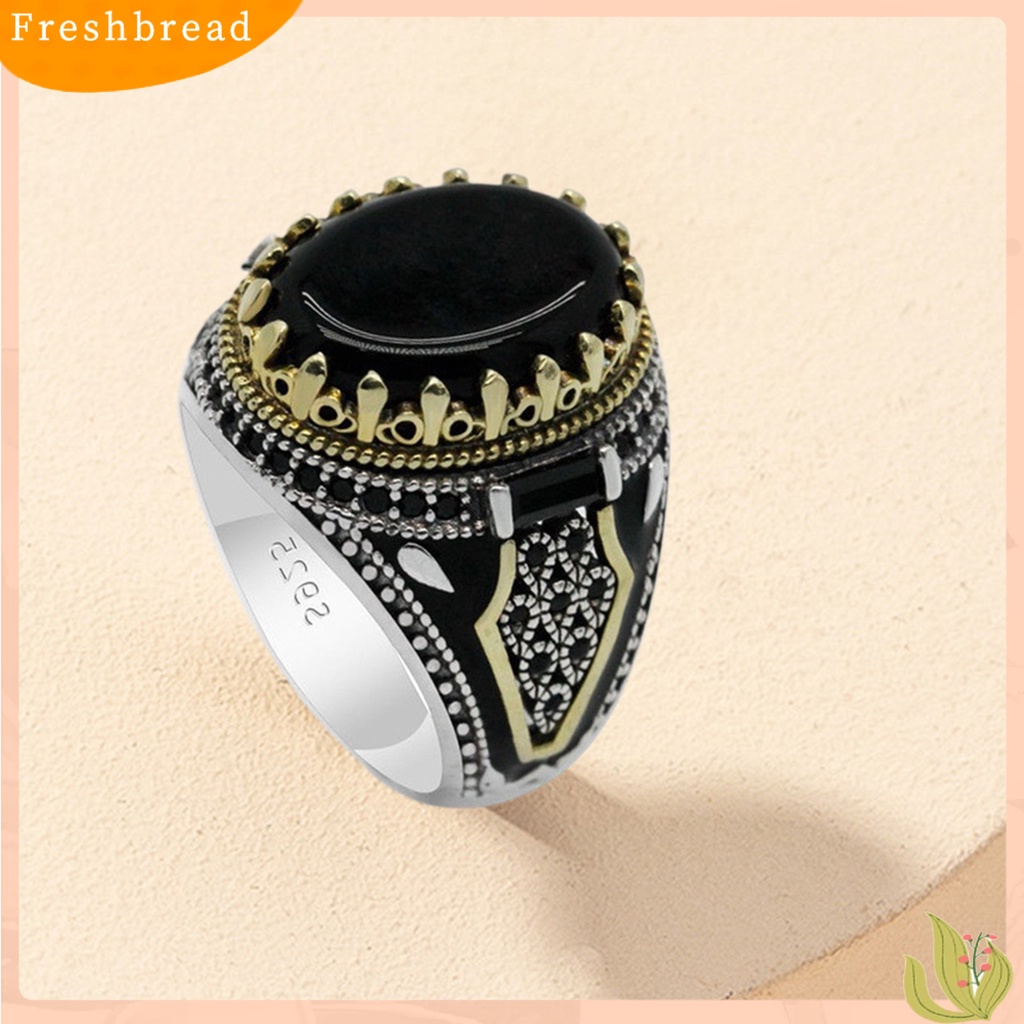 &lt; Freshbread &gt; Pria Cincin Vintage Punk Logam Ukiran Pola Kuno Two Tone Dekoratif Hadiah Batu Akik Imitasi Bertatahkan Laki-Laki Pesta Cincin Perhiasan Pernikahan