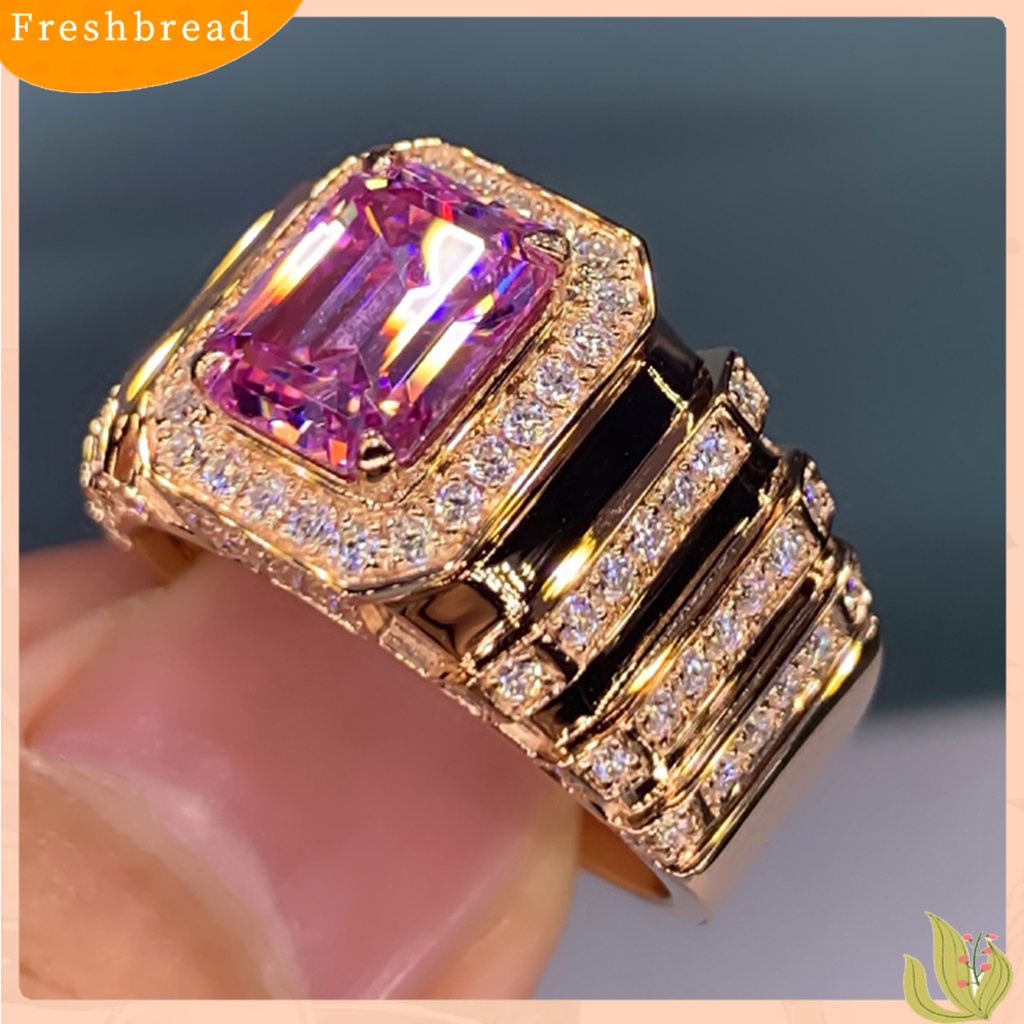 &lt; Freshbread &gt; Pengerjaan Halus Cincin Jari Tembaga Mulia Merah Muda Persegi Cubic Zirconia Pernikahan Band Perhiasan Aksesori