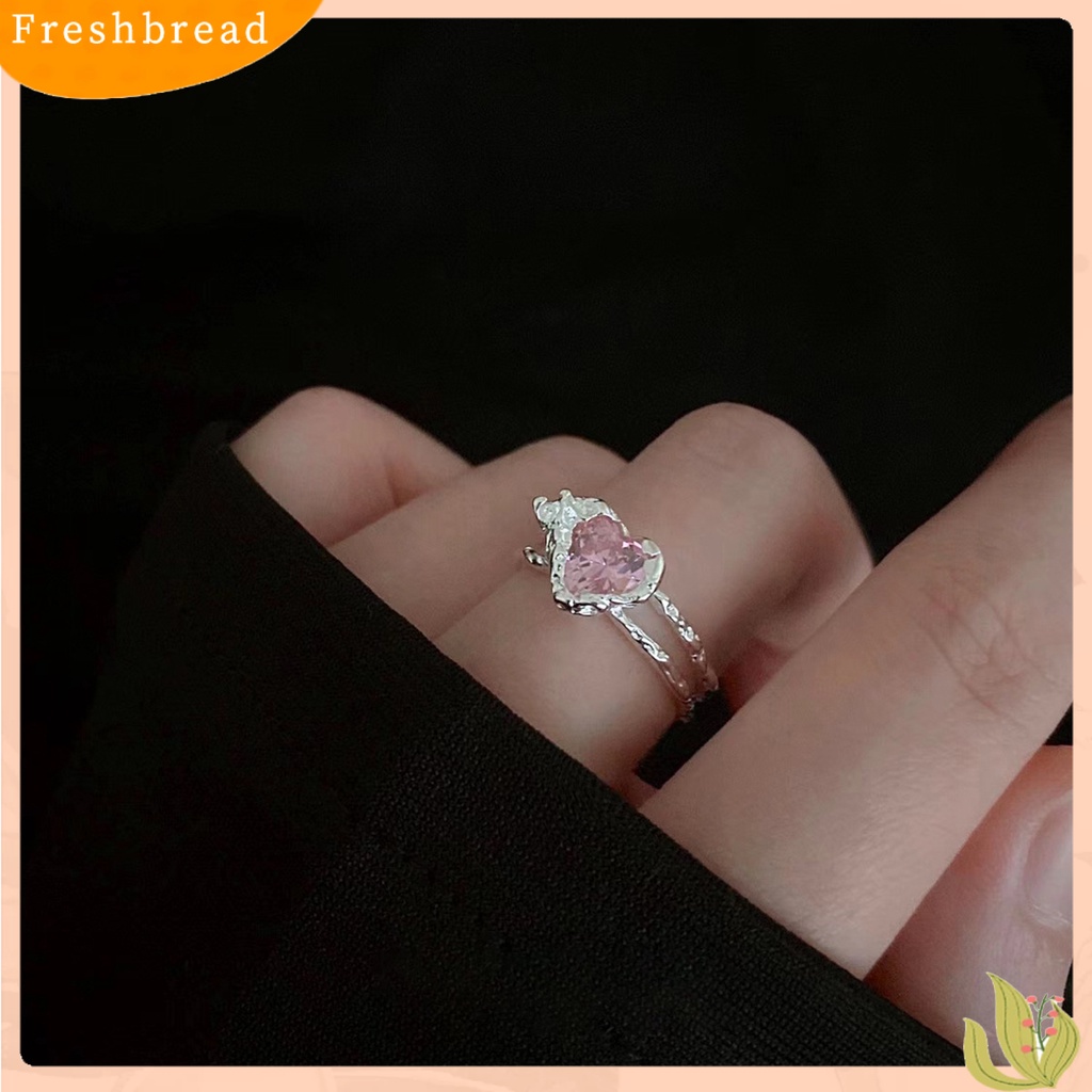 &lt; Freshbread &gt; Fashion Cincin Adjustable Indah Cahaya Mewah Desain Pembukaan Bersinar Pakaian Sehari-Hari Tembaga Pink Cinta Zirkon Wanita Cincin Perhiasan Aksesori