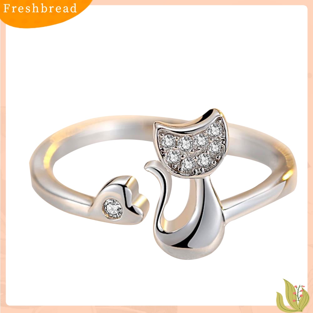 &lt; Freshbread &gt; 1Pc Cubic Zirconia Hewan Kucing Kecil Yang Lucu Hati Terbuka Cincin Fashion Perhiasan