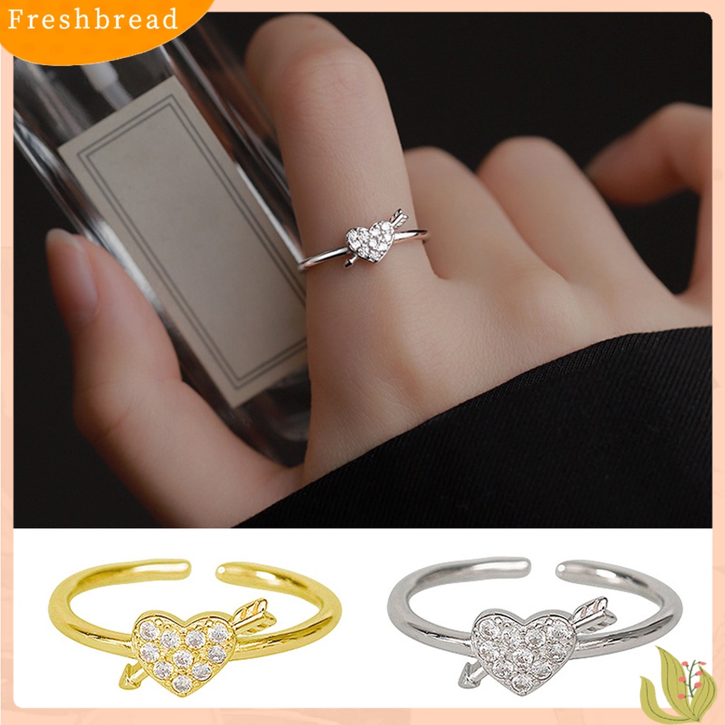 &lt; Freshbread &gt; Wanita Cincin Terbuka Mungil Emas Warna Perak Panah Melalui Berlian Imitasi Berkilau Cinta Hati Dewasa Jari Cincin Perhiasan Fashion