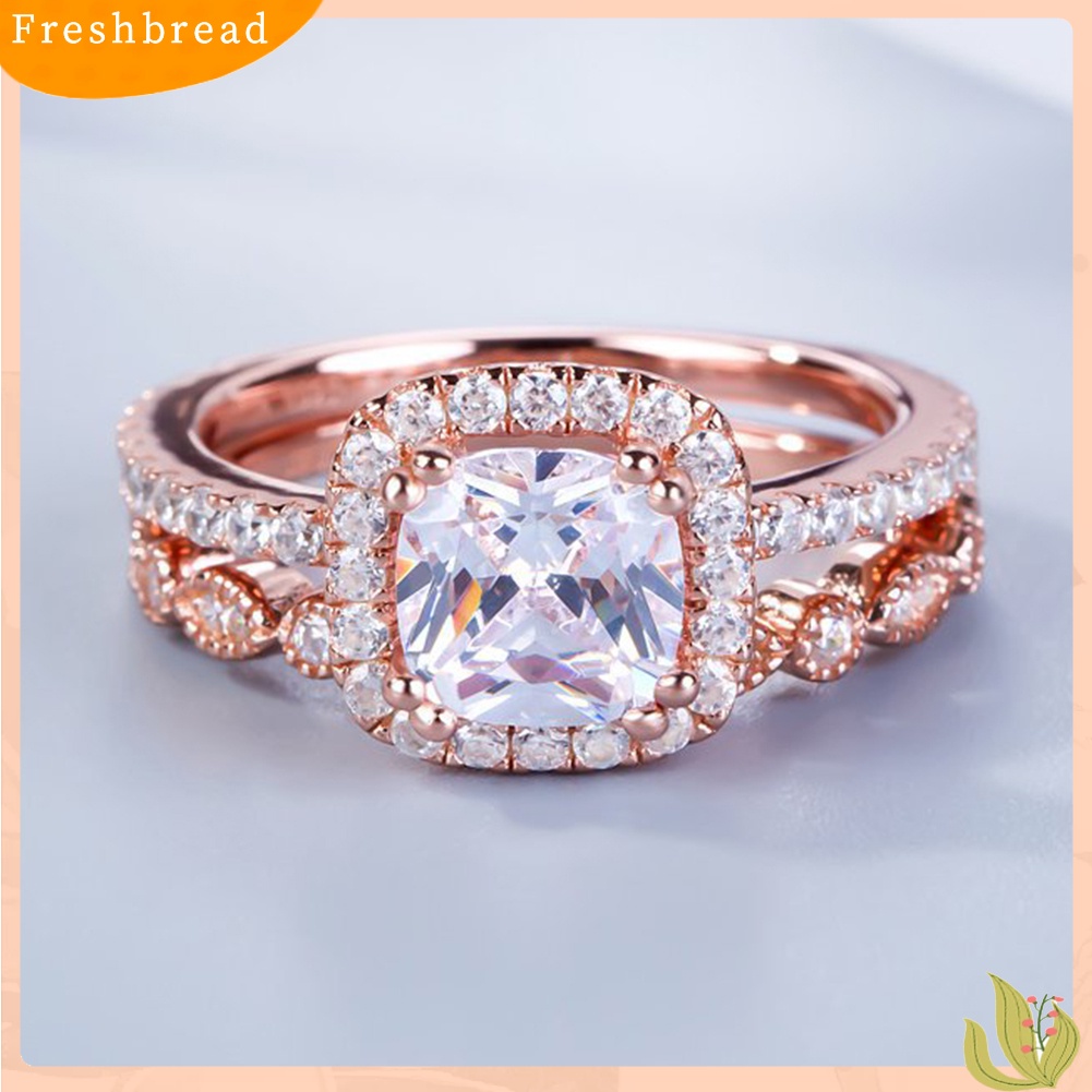 &lt; Freshbread &gt; 2Pcs/Set Wanita Emerald Cut Cubic Zirconia Stacking Finger Ring Perhiasan Pernikahan