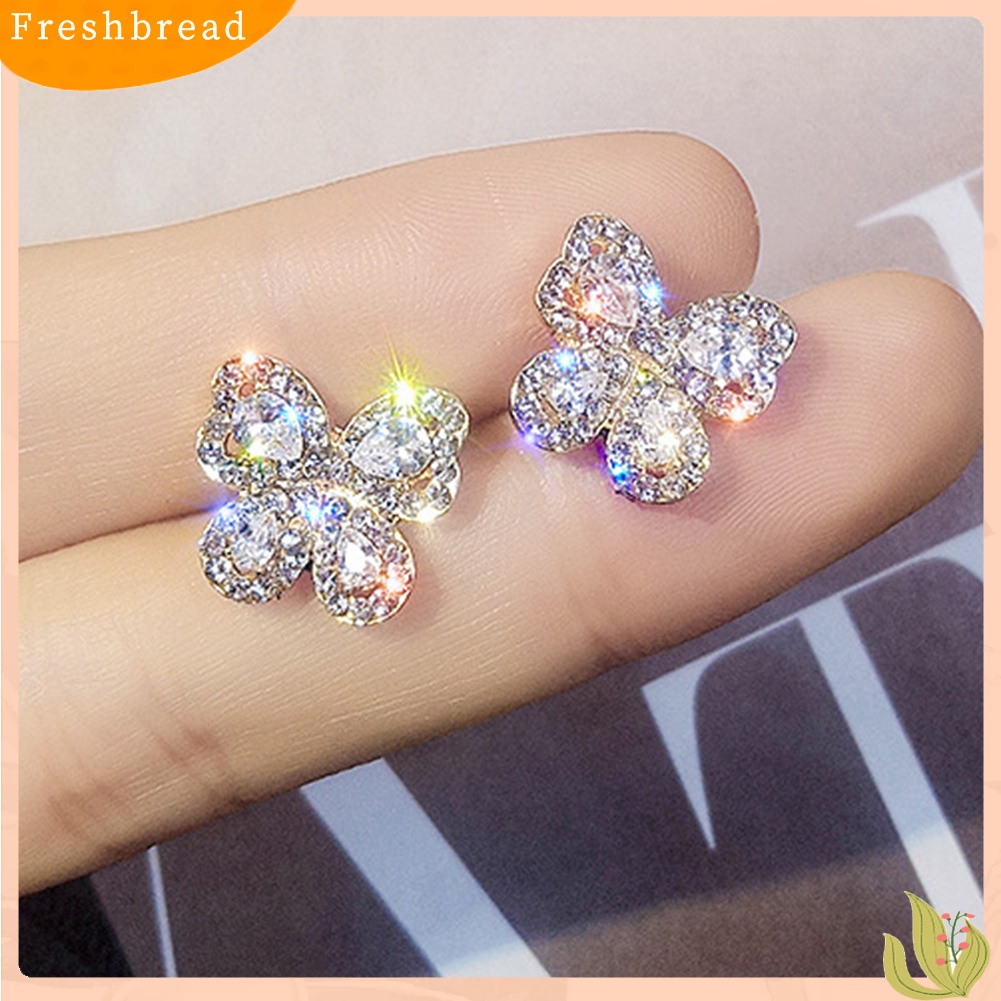 &lt; Freshbread &gt; Wanita Elegan Penuh Berlian Imitasi Bertatahkan Bentuk Kupu-Kupu Stud Earrings Perhiasan Hadiah