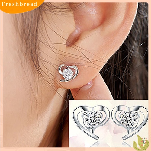 &lt; Freshbread &gt; Fashion Wanita Cinta Hati Cubic Zirconia925 Sterling Silver Ear Studs Earrings