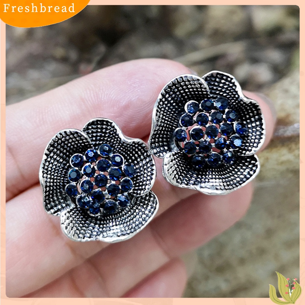 &lt; Freshbread &gt; Vintage Wanita Berlian Imitasi Hias Bunga Mawar Bentuk Stud Earrings Perhiasan Hadiah