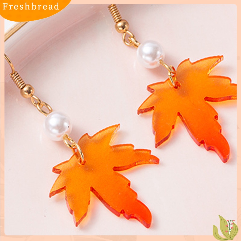 &lt; Freshbread &gt; 1pasang Mutiara Imitasi Dekorasi Drop Anting Rantai Rumbai Orange Sederhana Maple Daun Kait Anting Perhiasan Hadiah