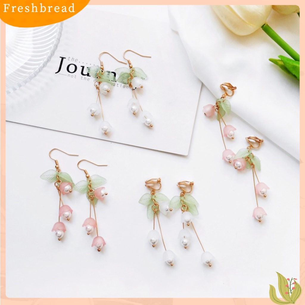 &lt; Freshbread &gt; 1pasang Menjuntai Anting Mori Desain Eye-catching Hias Aestheticisme All-match Perhiasan Hadiah Mutiara Imitasi Dekorasi Lili Valley Bunga Drop Earrings Ear Clip