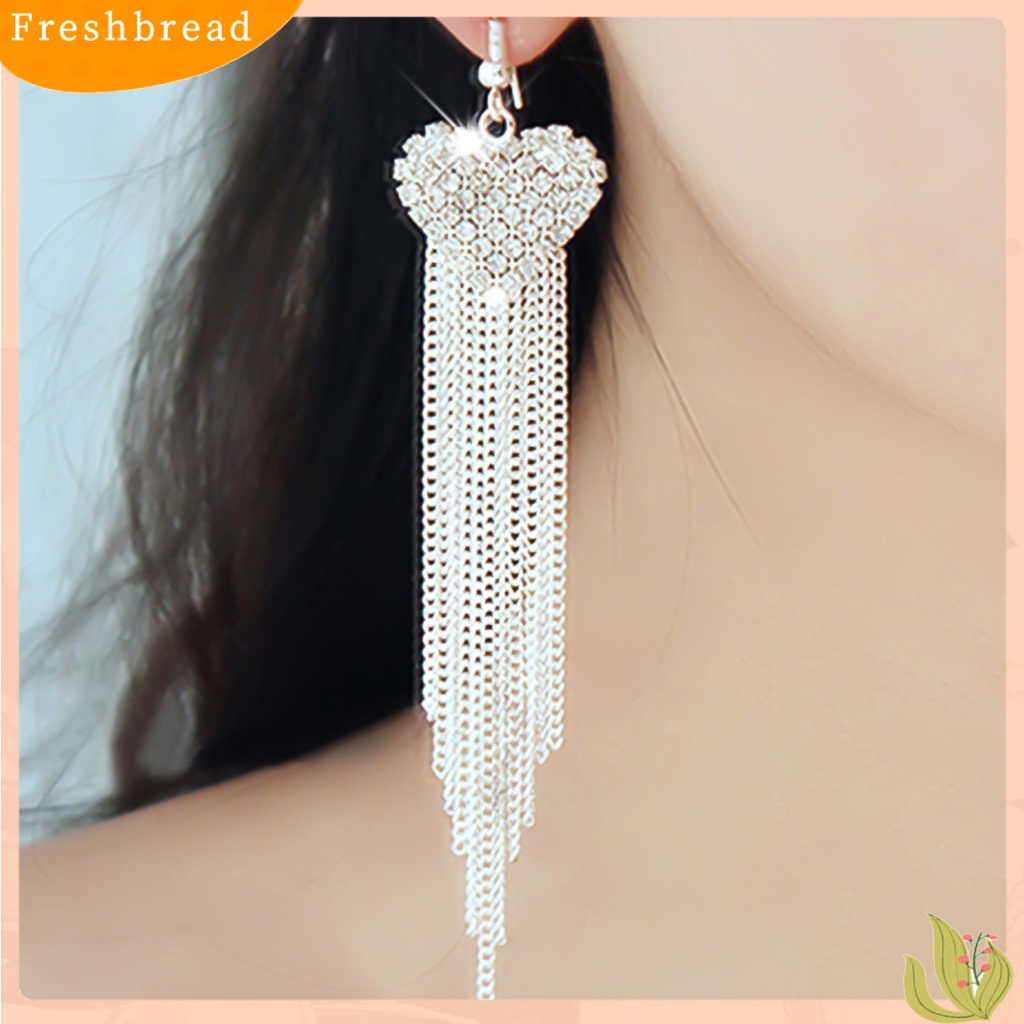 &lt; Freshbread &gt; Anting Linear Love Bentuk Hati Hias Berlian Imitasi Wanita Jumbai Panjang Menjuntai Kait Earrings Perhiasan Untuk Pesta