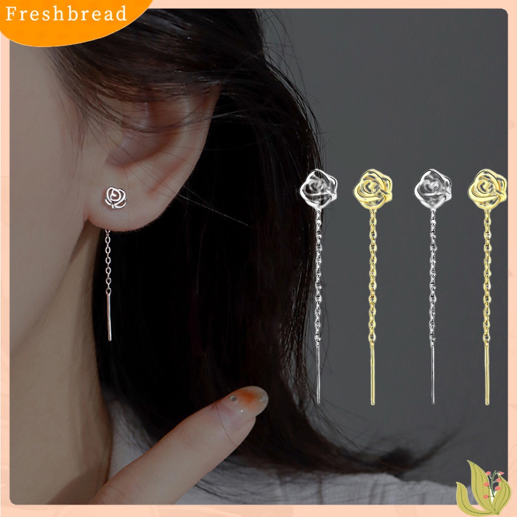 &lt; Freshbread &gt; 1pasang Wanita Drop Earrings Bersinar Berongga-out Bunga Mawar Garis Rantai Gaya Elegan Dekorasi Telinga Warna Emas/Perak Anting Liontin Panjang