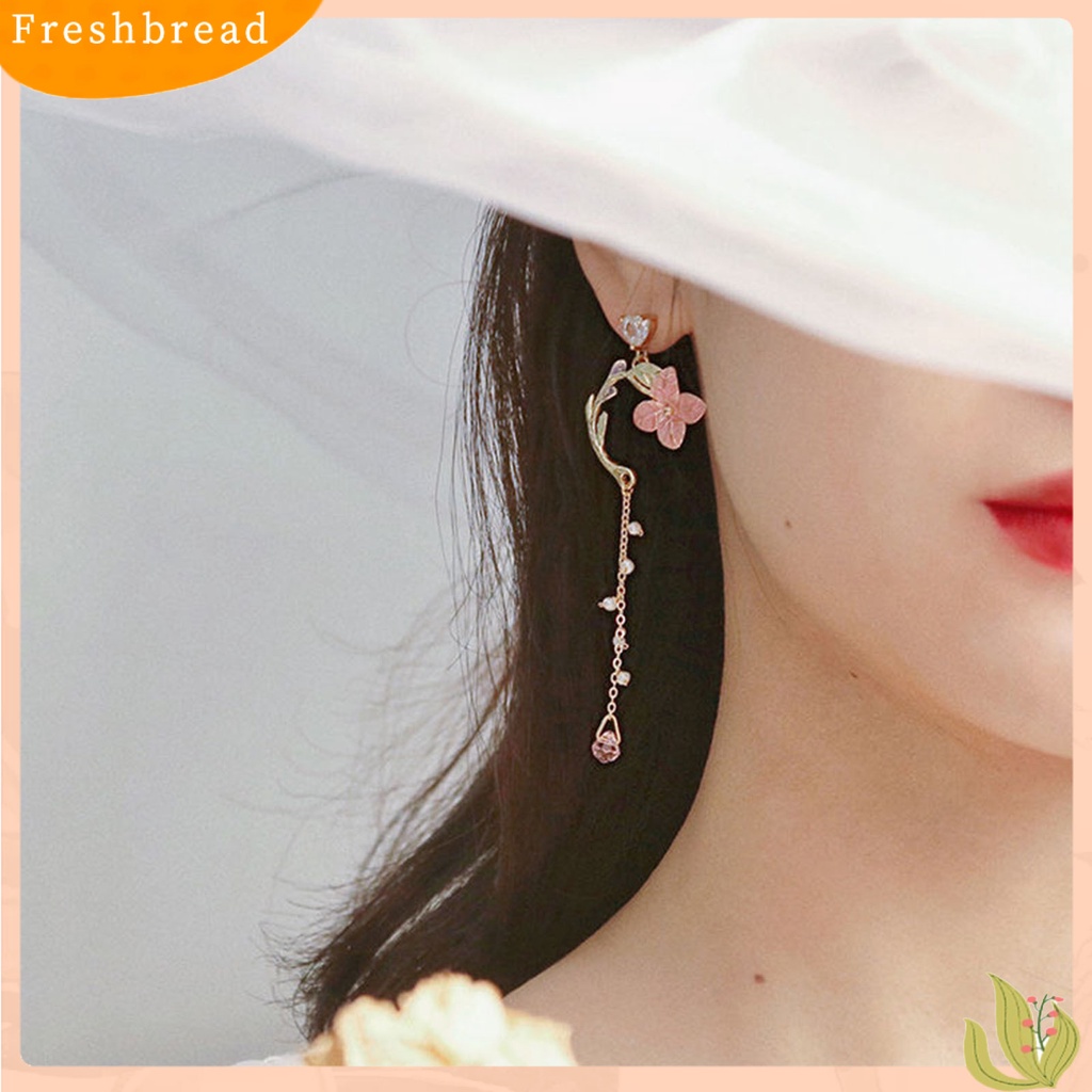 &lt; Freshbread &gt; 1pasang Drop Earrings Cherry Rhinestones Perhiasan Rumbai Panjang Bunga Menjuntai Anting Hadiah Ulang Tahun