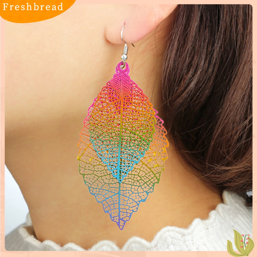 &lt; Freshbread &gt; 1pasang Menjuntai Anting Vintage Boho Panjang Fringe Berongga Keluar Warna-Warni Hias Hadiah Ulang Tahun Wanita Lapisan Ganda Daun Liontin Kait Anting Perhiasan Aksesoris