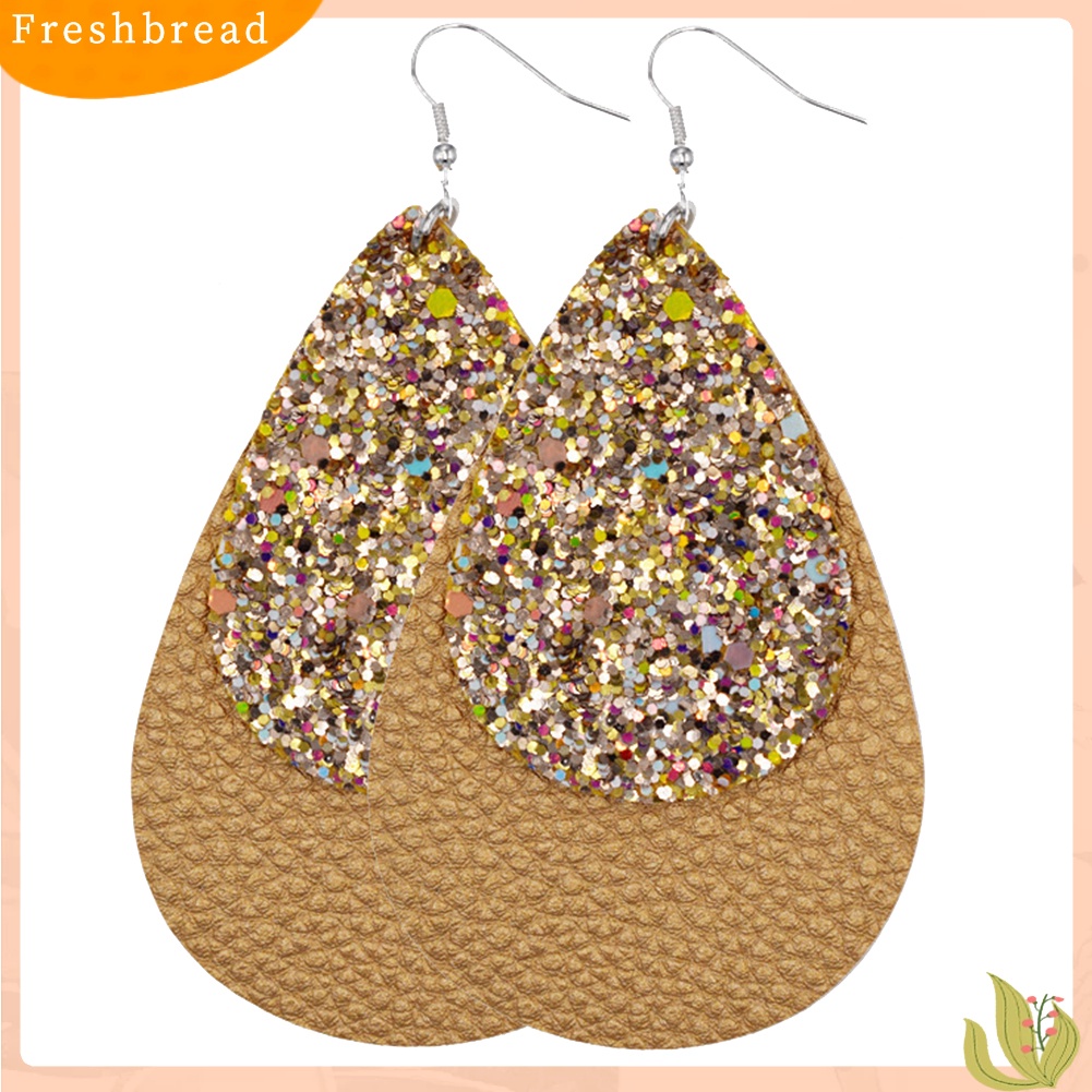 &lt; Freshbread &gt; Glitter Sequin Teardrop Kulit Imitasi Drop Menjuntai Pernyataan Wanita Anting Kait