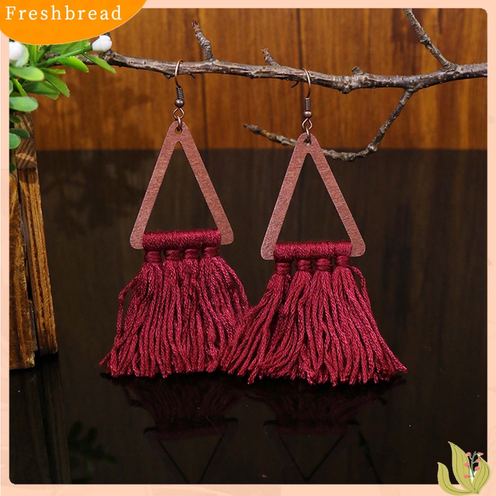 &lt; Freshbread &gt; 1pasang Segitiga Kayu Gaya Etnik Lady Drop Earrings Aksesori Bohemian Benang Katun Rumbai Kait Anting Perhiasan Pesta