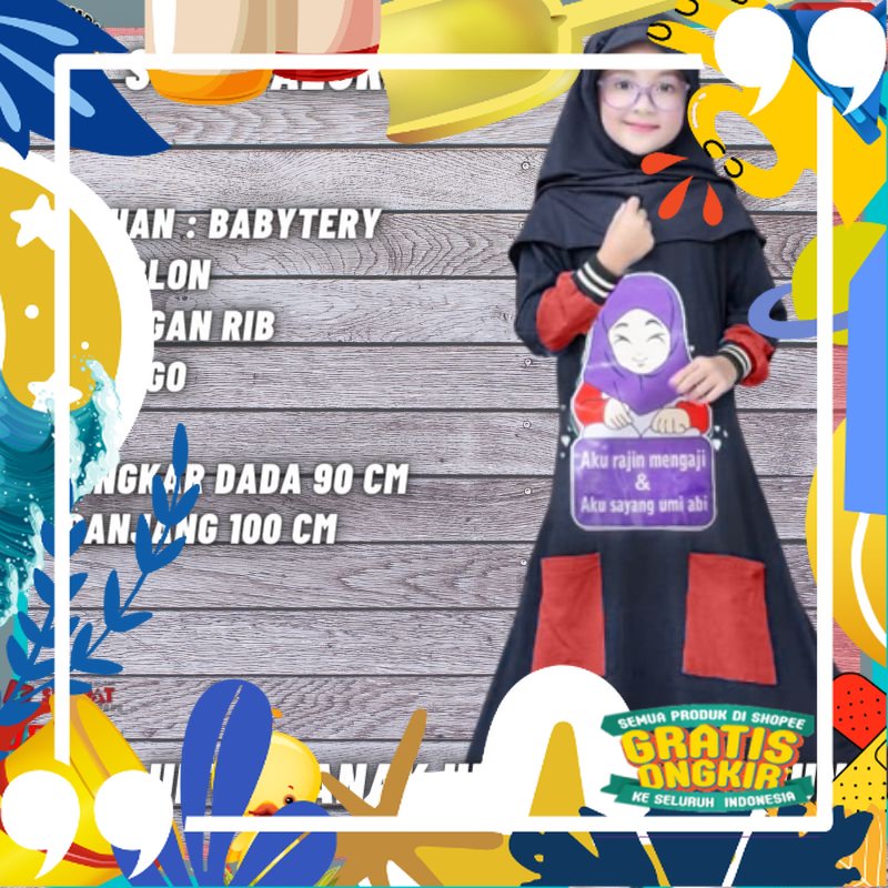 Baju Muslim Gamis Syari Kids Anak Azura Perempuan Cewek Wanita Black Hitam Kekinian 7 8 9 10 Tahun/ 