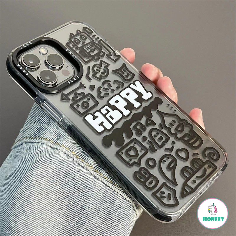 IPHONE Penanda Fashion Graffiti Luminous Case Apple 14kartun Kompatibel Untuk Iphone11 12 13 14 Pro Max Hitam Inggris Lembut Shockproof Back Cover