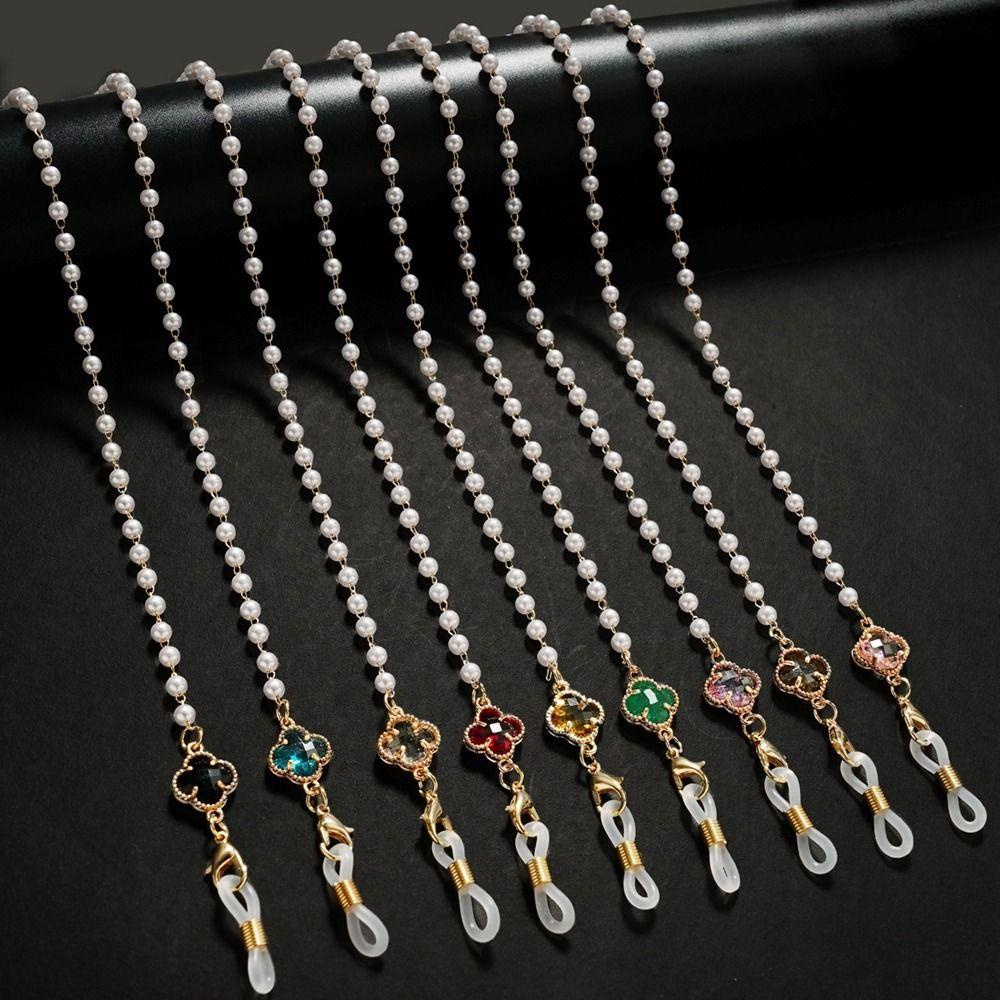 Needway Rantai Kacamata Logam Fashion Rantai Gantung Untuk Wanita Gadis Mutiara Empat Daun Semanggi Tontonan Cord Warna Emas Berlian Imitasi Warna-Warni Tali Leher String Beads Glasses Chain