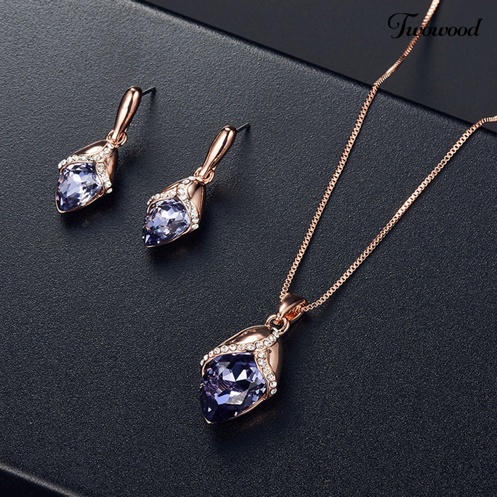 Twowood Marquise Bentuk Berlian Imitasi Liontin Kalung Telinga Stud Anting Wanita Set Perhiasan