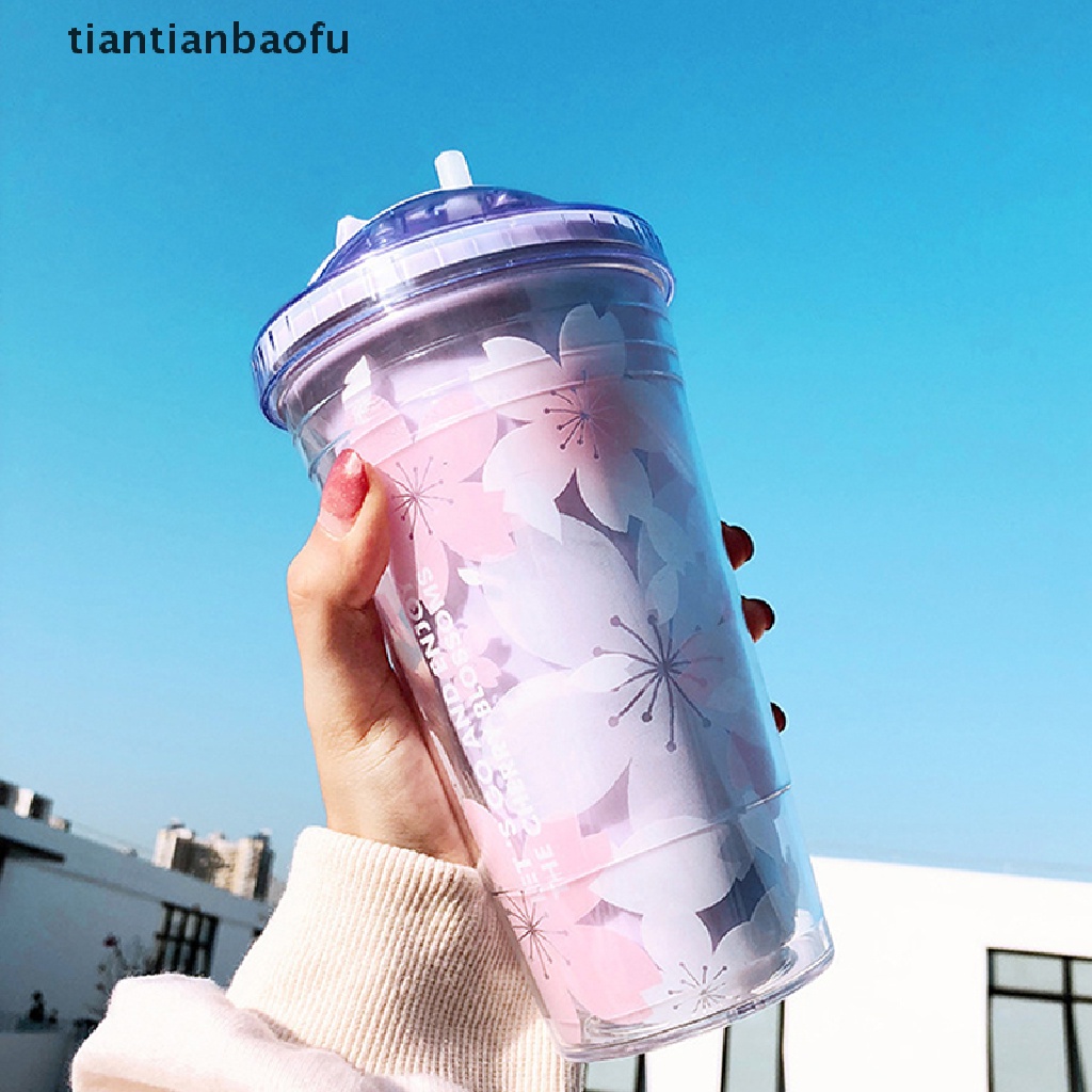 [tiantianbaofu] Gelas Plastik Sakura 480ml Dengan Sedotan Dan Tutup BPA Free Double Wall Dewasa Botol Air Minum Tea Cup Kawai Rumah Kantor Hadiah Butik