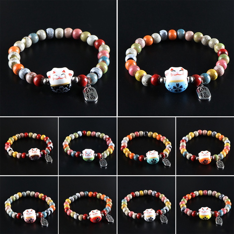 Lucu Kucing Beruntung Gelang Untuk Gadis Adjustable Manik-Manik Warna-Warni Gelang Harajuku Keramik Kucing Liontin Pesona Gelang Perhiasan