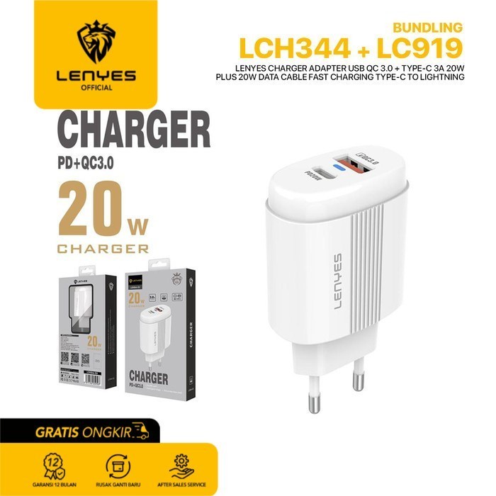 Lenyes LCH344 + LC919 Charger Handphone + Data Cable Paket Bundle original kabel cable casan travel charger tc android usb charger micro usb type c batok kepala charger