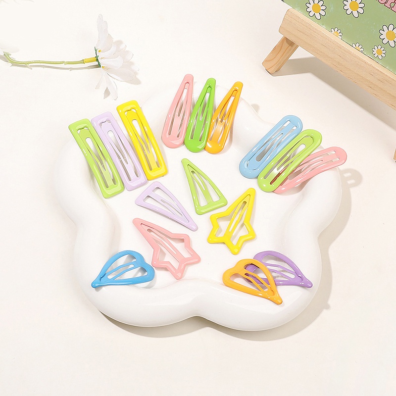 10pcs/set Jepit Rambut Snap Warna Permen Bintang Manis Persegi Tetesan Air Jepit Rambut Minimalis Jepit Logam Manis Aksesoris Rambut Untuk Anak Perempuan