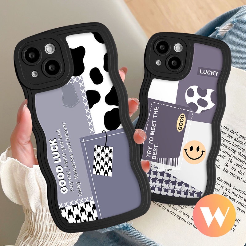 IPHONE Casing Motif Leopard Tepi Bergelombang Kompatibel Untuk Iphone7 8 6s 6 14 Plus 11 13 12 14 Pro Max 7Plus X XR XS Max SE 2020 Splicing Smlile Houndstooth Soft Tpu Back Cover