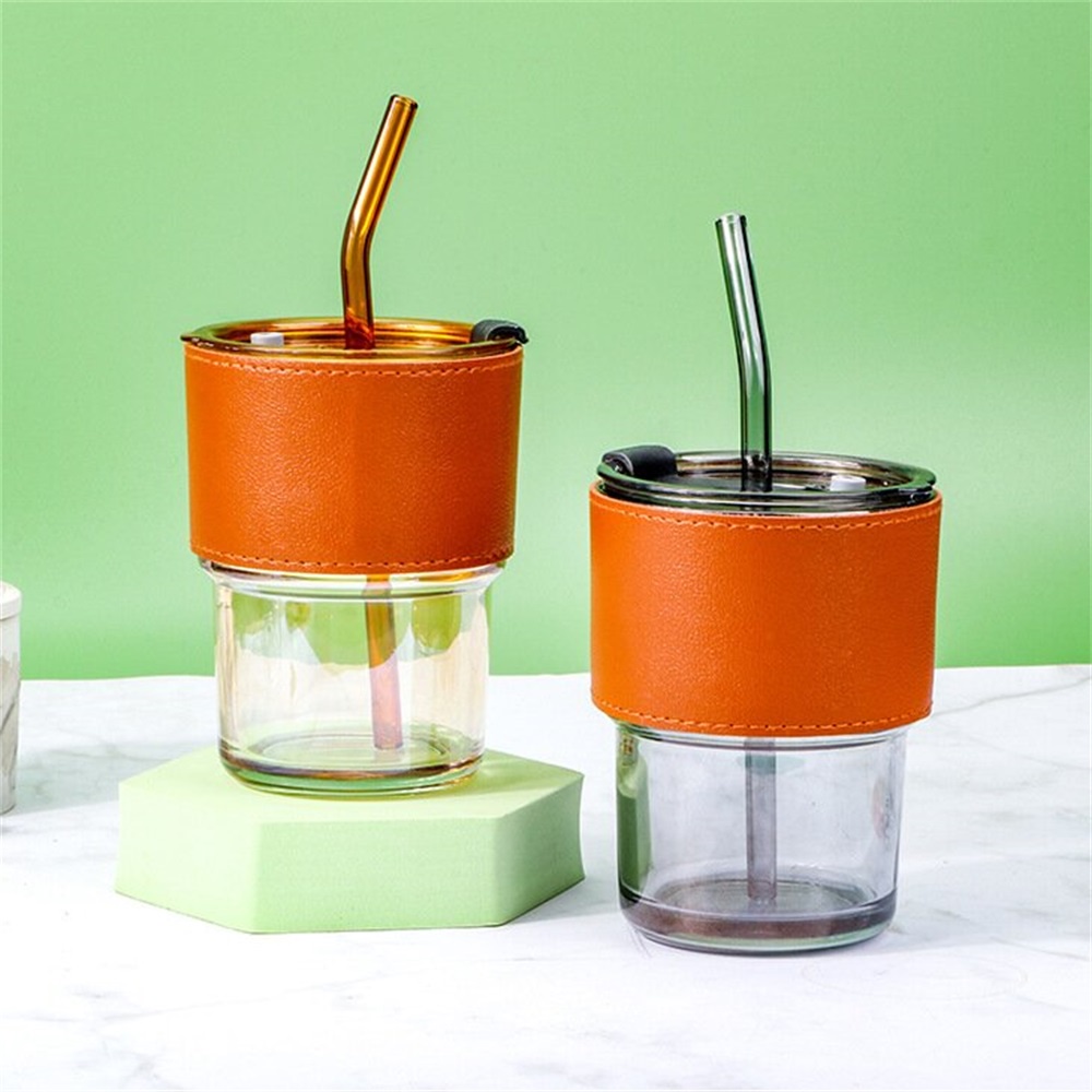Ins Style Gelas Kaca Dengan Sedotan Portabel Bentuk Bambu Gelas Air Kopi Susu 450ml