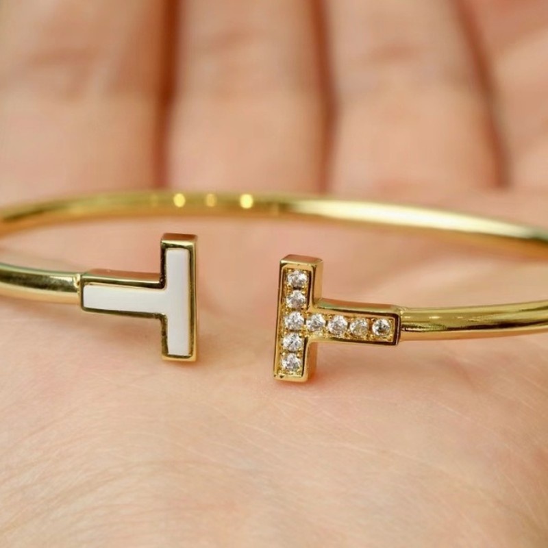 Mode Cahaya Mewah Putih Ibu-Mutiara Berlian Ganda T Baja Titanium 18 K Gelang Stainless Steel Terbuka Gelang Bracelet