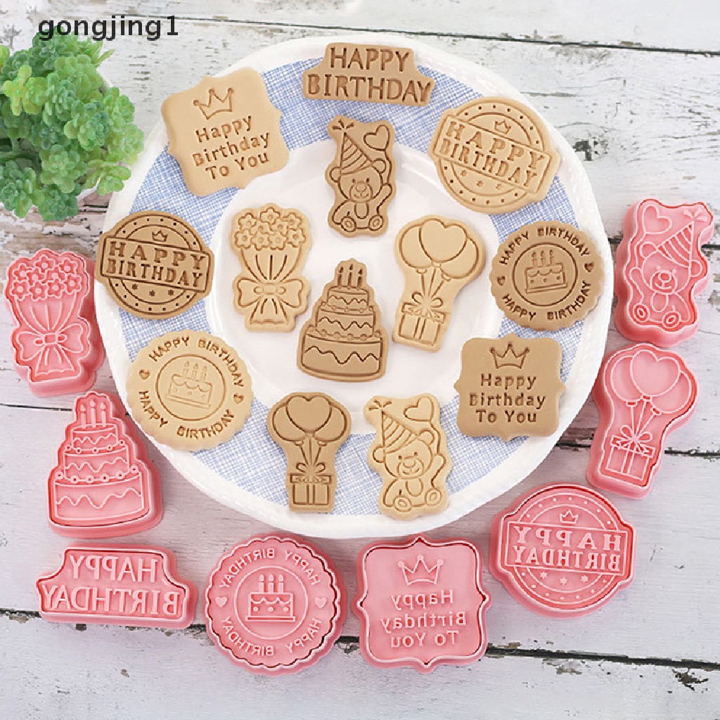 Ggg 8 Pcs/Set Ulang Tahun Tema Cookie Pemotong Plastik 3D Pressable Biskuit Cetakan Cookie Cap Dapur Baking Alat Pesta Ulang Tahun Anak Dekorasi ID